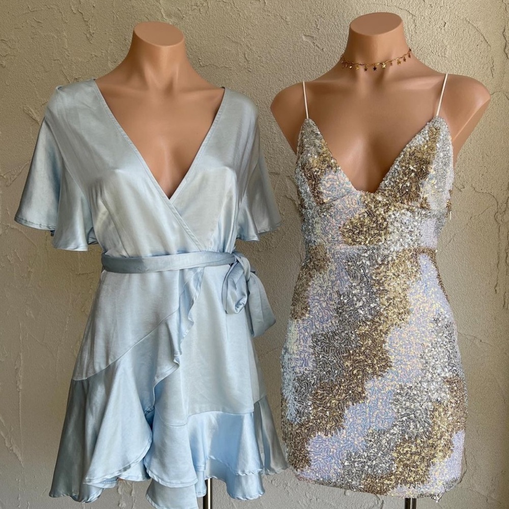 Selfie Leslie Cami Angel Sleeve Faux Wrap Dress in Steel Blue